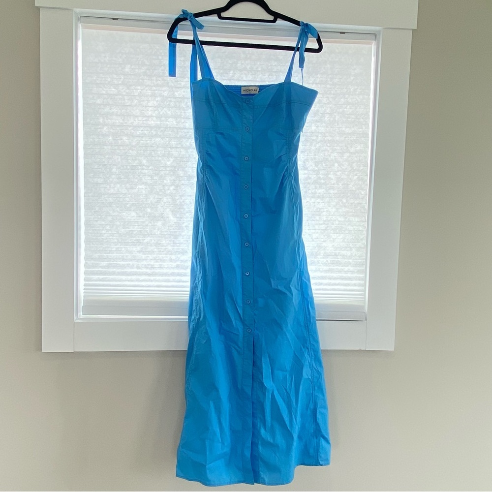 Nicholas Tatianna Tie Strap Cotton Midi Dress In Swim - Blue US 6 - Picture 2 of 9